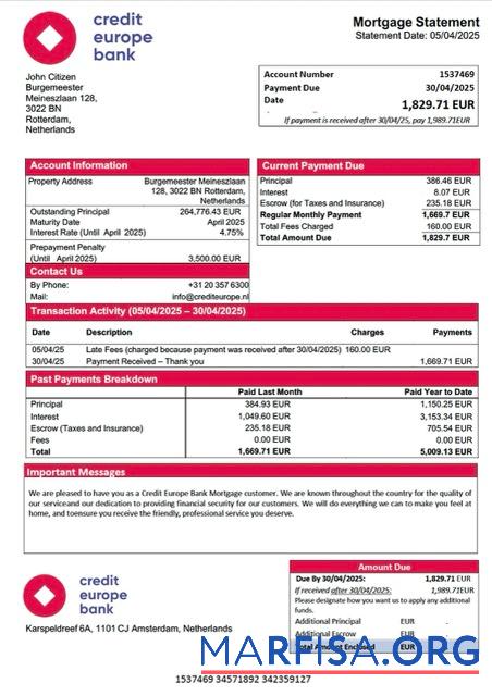 Printable Netherlands Credit Europe Bank mortgage statement Word and PDF template